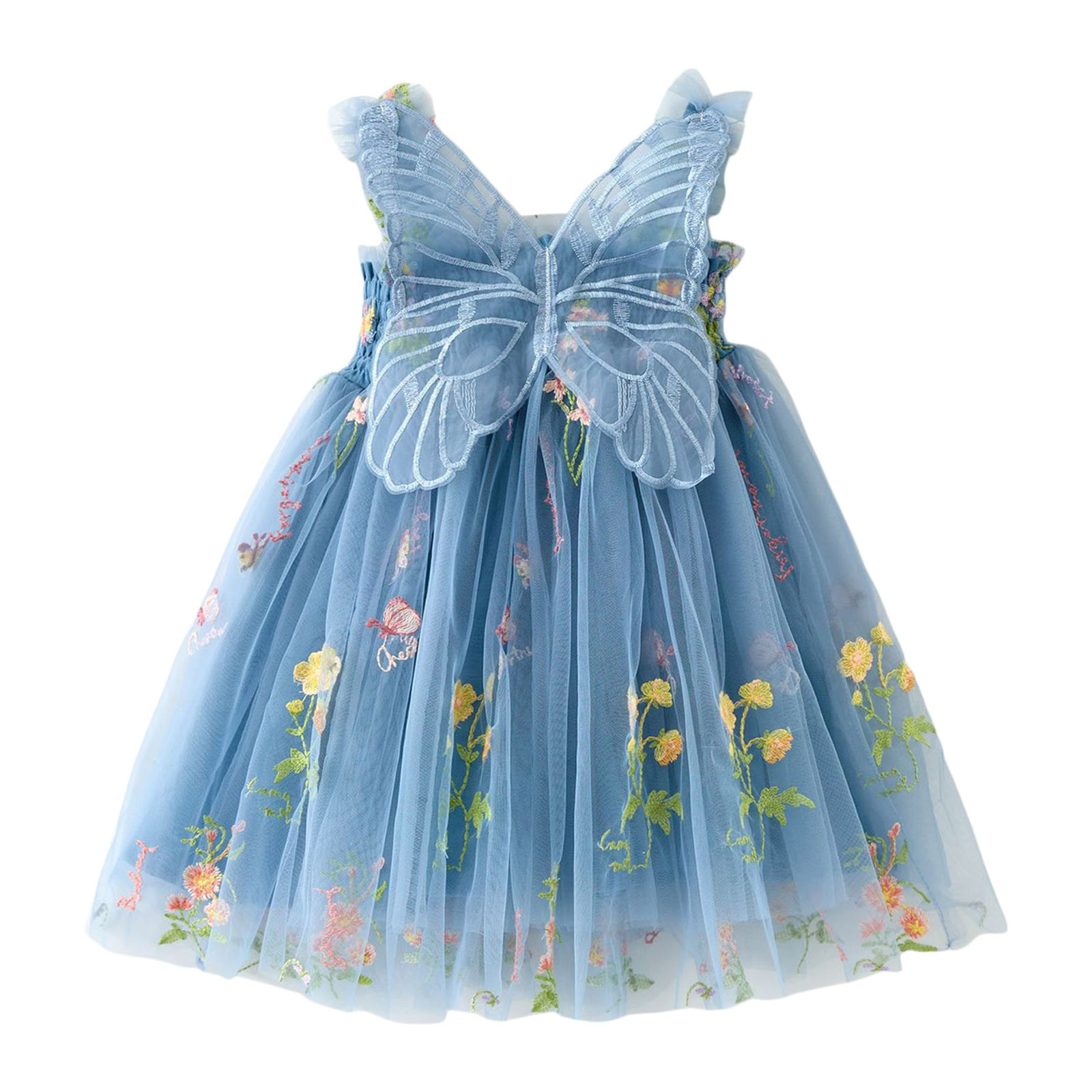 Ruffle Skirt for Girls Sleeveless Bowknot Wing Embroider Floral Tulle Kids Princess Dress(120 4-5 Years,Blue)